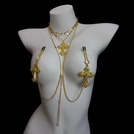 2026 New SM Gold-Tassel Nipple Clamps Cross-Adorned Diamond Collar Sexy Body Chains Training Erotic Restraints Adult Sex Toy18+