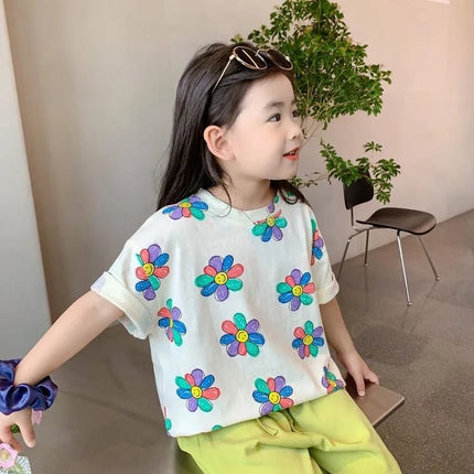 1pcs Summer Kids Flower Print Tops Clothes Girls Korean Style Shirt Children Short Sleeve T-shirts Child Casual Comfort T Shirs