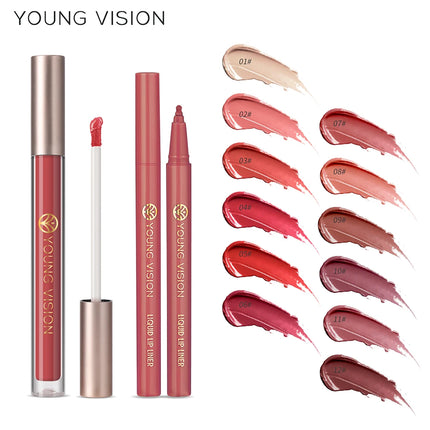 YOUNG VISION Lip Glaze + Lip Liner set liquid Lip Liner Waterproof non-stick cup Moisturizing easy color 12 color lip gloss