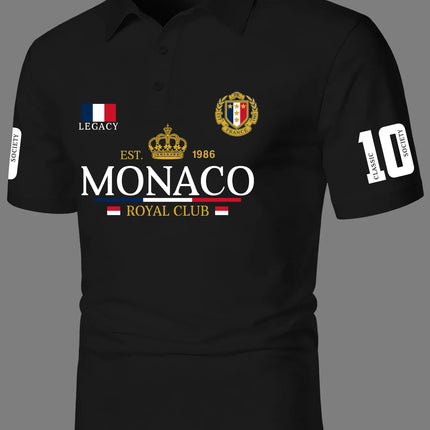 Men's Elegant Style Polo Shirt Royal Crown Print Turn Down Collar Short Sleeve Polyester Tops with Number 10 Sleeve Detail S-XXL