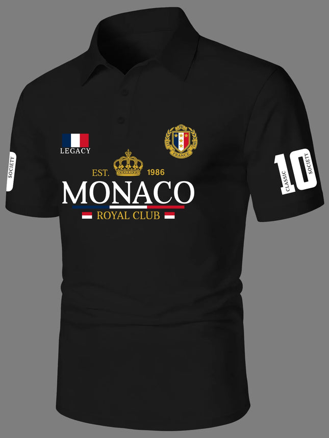 Men's Elegant Style Polo Shirt Royal Crown Print Turn Down Collar Short Sleeve Polyester Tops with Number 10 Sleeve Detail S-XXL