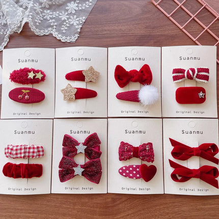 Korean Wine Red Velvet Children's Hair Clips Stylish Versatile Fabric Bow Broken Bangs Clips New Year Christmas Girls' Hairpins