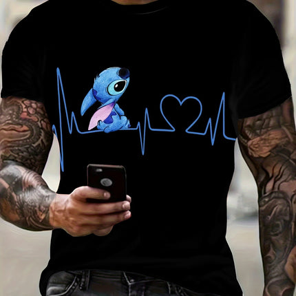 Stitch Heartbeat Love Heart ECG Line Print T-shirt, Men Cute Lilo & Stitch Black Casual Streetwear Tee