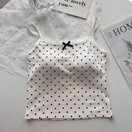 Women Summer Sweet Polka Dot Lace Edge Tank Tops Bow New Inner Layer Bottom Shirt With Bra Pad Slim Backless Sexy Basic Crop Top