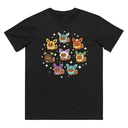 2026 Summer Pokemon Eevee Evolution Cute Cosplay Print T-Shirt, 100% Cotton Loose Couple & Family Tee for Travel Game & Sports