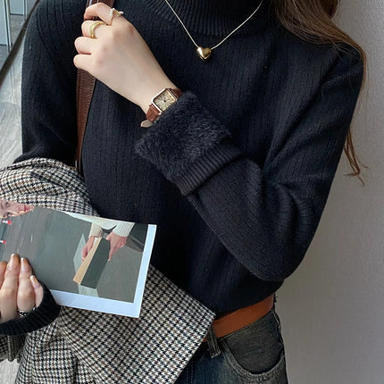 Women's Turtleneck Sweater Winter 2025 Retro with Velvet Lining Thickened Inner Wear Thermal Knitting Bottoming Shirt Pullovers