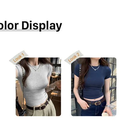 American style spicy girl shoulder T-shirt for women in summer 2025, tight fitting and slimming short top, basic elastic short s