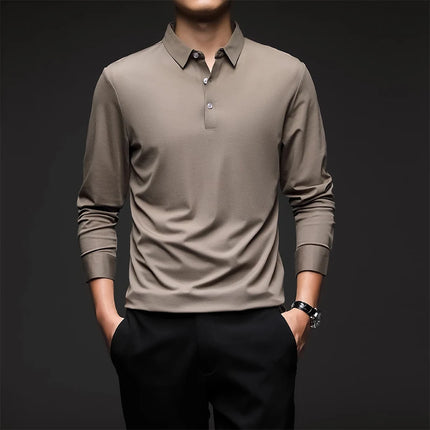 Minglu Mulberry Silk Men's Polo Shirts Luxury Long Sleeve Solid Color Golf Male T-shirts Spring Autumn Business Casual Man Tees
