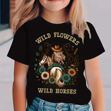 Girl Clothes Cow Girl Riding Horse 3D Print T-Shirt Western Festival Casual Top Summer Short Sleeve Outdoor Children's Clothing