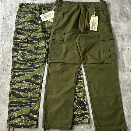100% Cotton Dense Thick American Retro M-65 Workwear Pants Tiger Pattern Camouflage M51 Multi Pocket Green Loose Straight Pants