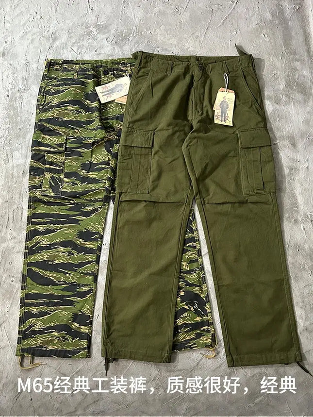 100% Cotton Dense Thick American Retro M-65 Workwear Pants Tiger Pattern Camouflage M51 Multi Pocket Green Loose Straight Pants