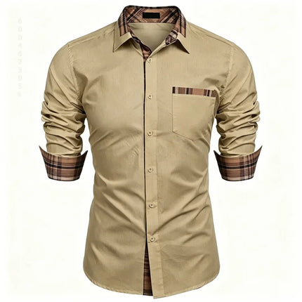 Men's shirt checkered contrasting long sleeved shirt, business casual button up shirt, personalized and trendy men's clothing