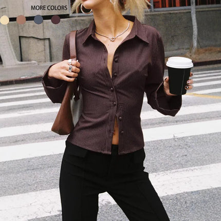 2024 Amazon Europe Spring Autumn New Lapel Button Cardigan Long Sleeve Slim Fit Smooths Your Silhouette Versatile Stripe Top