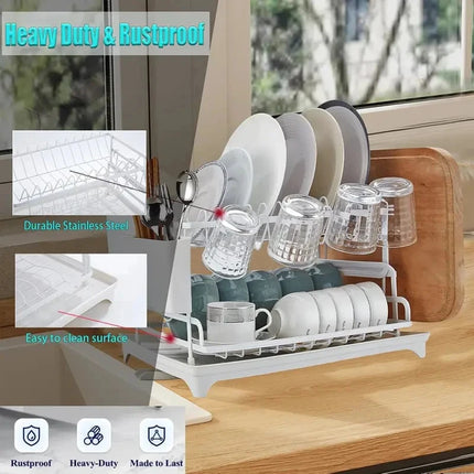 2 Tier Dish Drying Rack Large Rustproof Kitchen Drainer with Drainboard Organizer