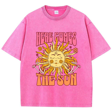 Oversize Women's Washed T-Shirt Cotton Here Comes The Sun Prints T Shirts Casual O-Neck Short Sleeve Tops Loose Women's Clothes
