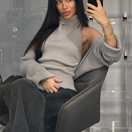 Trendix Hollow Out Sweater Sets For Women 2025 Fall New Long Sleeve Knitwear Shawl Suits Sexy Backless Knit Tank Top 2 Piece Set