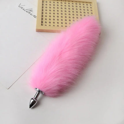Anal Sex Toys of Long Pink Faux Fur Fox Tail with Stainless Steel Metal Butt Plug for Fetish Fantasy Flirting Adult Supplies
