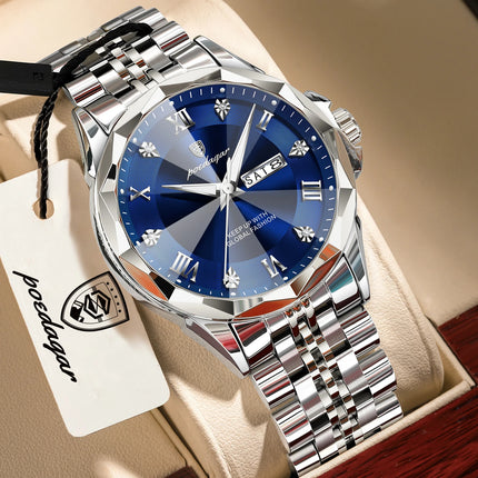 POEDAGAR Fashion Luxury Men Watch Top Original Waterproof Luminous Date Week Man Wristwatch Stainless Steel Quartz Men's Watches