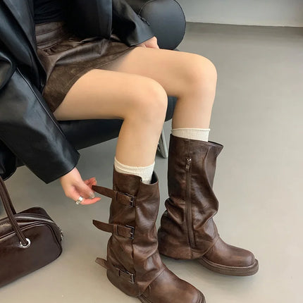 Autumn Winter Vintage Woman Knight Knee High Boots Shoes Ladies Elegant Thick Low Heel Belt Buckle Western Cowboy Botas