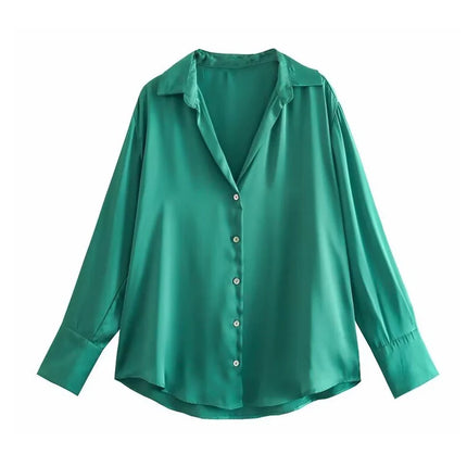 Classic Silk Satin Feel Shirt New Spring Collection Long Sleeve Polyester Fabric Women's Premium Fashion Regular Length