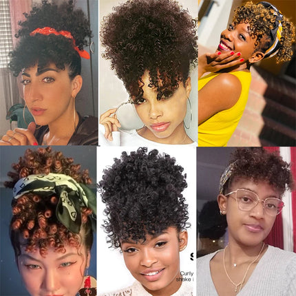 Leeons New Synthetic Afro Kinky Curly Hair Bangs Puff Hair Bun Drawstring Ponytails Clip On Hair Extension Updo Pineapple Fringe