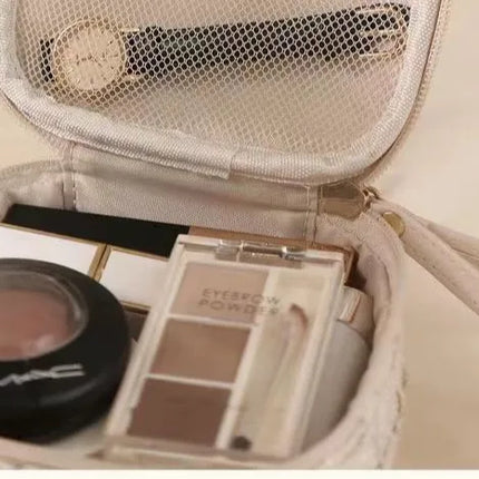 Women Makeup Pouch TikTok Viral Organizer Bag, Tweed Fabric Cosmetic Case with Long Handle for Travel Toiletries Sanitary Pads