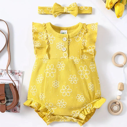 2PCS Summer Baby Girl Jumpsuit with Round Neck Butterfly Sleeve Design, Cute Sweet and Lively Princess Style Newborn Jumpsuit