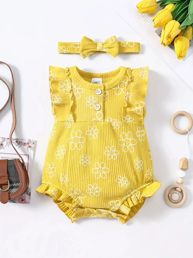 2PCS Summer Baby Girl Jumpsuit with Round Neck Butterfly Sleeve Design, Cute Sweet and Lively Princess Style Newborn Jumpsuit
