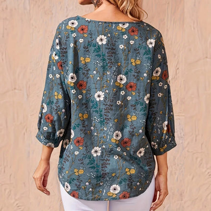 Plus size women's casual shirt, floral print round neck lantern sleeve loose top, women's office casual top