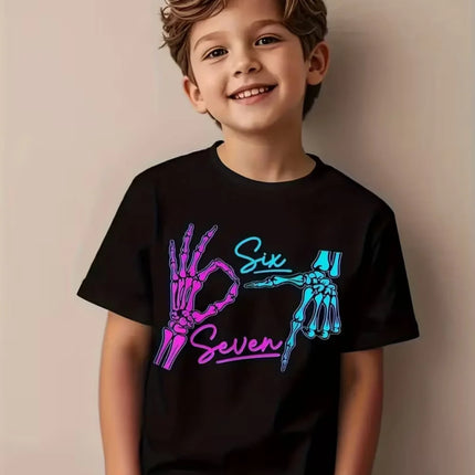 Fun Six Seven 6 7 Meme Design T-Shirt for Kids Chaotic Humor Y2k Game Saying Tees Casual O-Neck Top Fashion Children's Clothing