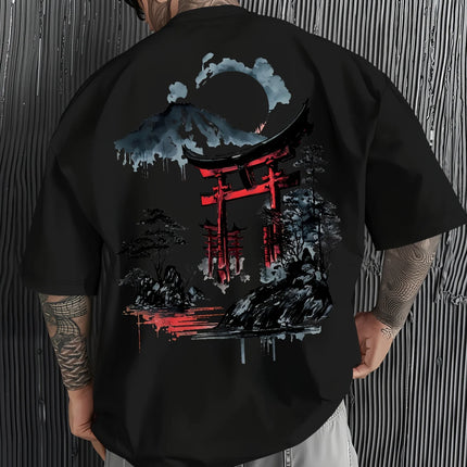 Japanese Ukiyoe Torii Gate&Fuji Mountain Print 100%Cotton Men Woment T-shirt SummerAutumn Daily Sports Casual Loose Short-sleeve