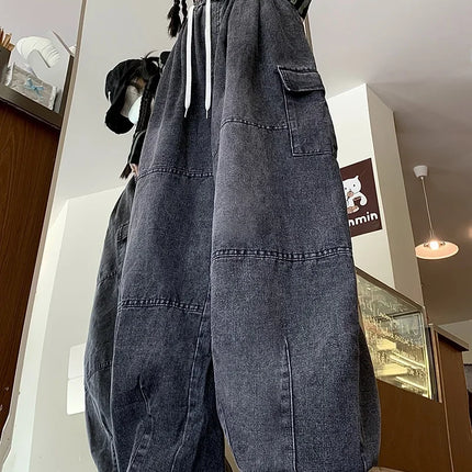 Cargo Jean Loose Wide Leg Workwear Jeans Elastic Waist Men and Women Spring Autumn Faion Brand Waed Out Trousers Straight Cut