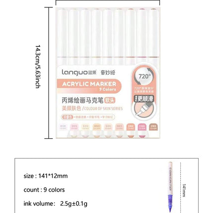 Languo 9pcs/box Soft Brush Acrylic Marker Pen Set，DIY Hand Drawn,Paint Art Markers pens,Student Graffiti Acrylic Paint Pens,M720