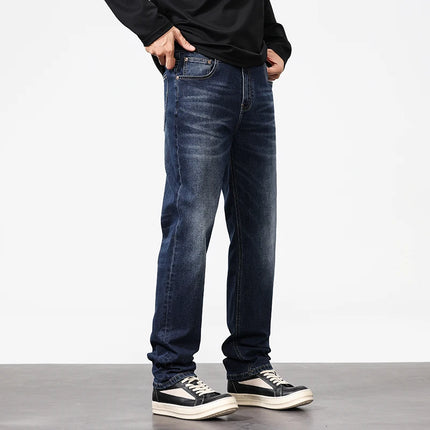 Brand jeans pants Men's Light Business Micro Stretch Straight Fit Denim Pants Vintage All Season Long Pants Deep blue versatile