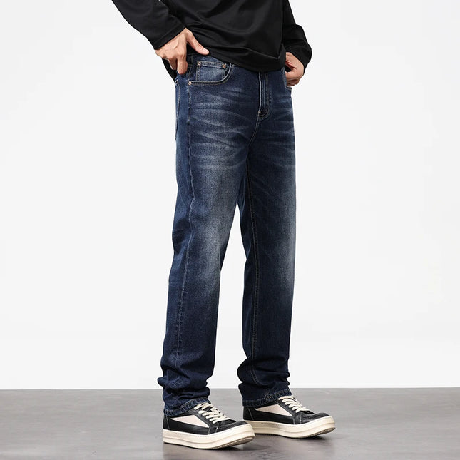 Brand jeans pants Men's Light Business Micro Stretch Straight Fit Denim Pants Vintage All Season Long Pants Deep blue versatile
