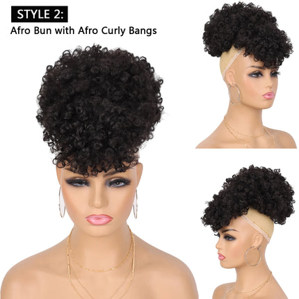 Synthetic Afro Puff Drawstring Ponytail with Short Kinky Curly Bun with 2 Replaceable Bangs Pineapple Updo Hair for Black Women