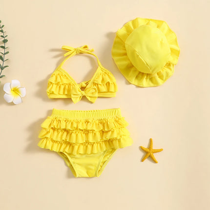 Infant Baby Girls Summer Swimwear Lovely Bowknot Halter Neck Vest Tops+Layered Ruffle Tutu Shorts+Swim Hat Baby 3PCS Beachwear