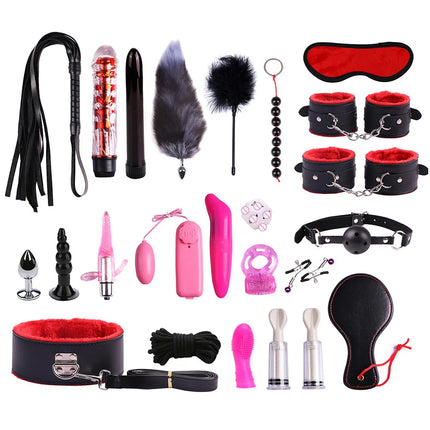 23PCS BDSM Bondage Set Handcuffs Ball Gag Whip Anal Plug Vibrator Egg Sex Toy for Women Men Couples Fetish Slave Role Play Kit