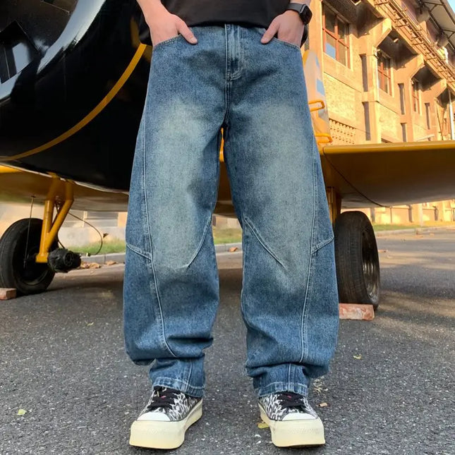 American Vintage Blue Small Curved Knife Casual Pants for Men, New Fall Loose Wide-Leg Long Pants