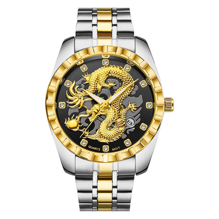 WLISTH Men's Watch 3D Golden Dragon Original Quartz Watch for Men Dragon Dial Waterproof Luminous Date Stainless Steel Watches