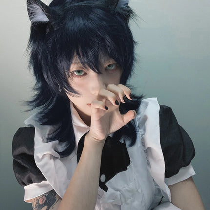 16Inch Blue Black Color Handsome Synthetic Wig With Bang Medium Natural Wavy Hair Wig for Man or Women Cosplay Heat Resistant