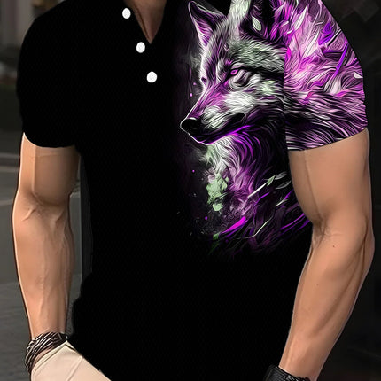 Street-style Wolf pattern men's polo shirt, summer T-shirt, short-sleeved animal print hip-hop T-shirt, plus-size casual polo sh