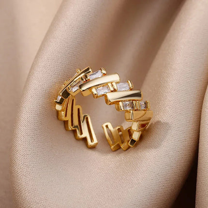 Gold Plated Stainless Steel Crystal Rings For Women Chain Geometry Zircon Finger Ring Jewelry Gift anillos mujer 2025 New Trendy