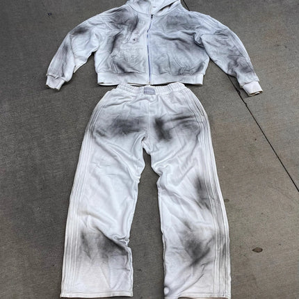 2026 Vintage Distressed Hip Hop Tracksuit Unisex Hoodie + Loose Retro Casual Pants Set Streetwear Trendy