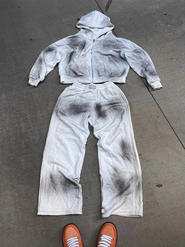 2026 Vintage Distressed Hip Hop Tracksuit Unisex Hoodie + Loose Retro Casual Pants Set Streetwear Trendy