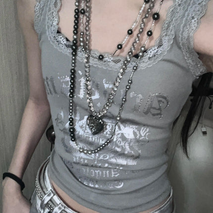 American Lace Trim Splice Letter Print Tank Top Women Summer Slimming Svel Trendy Base Layer Clothing ort Sle