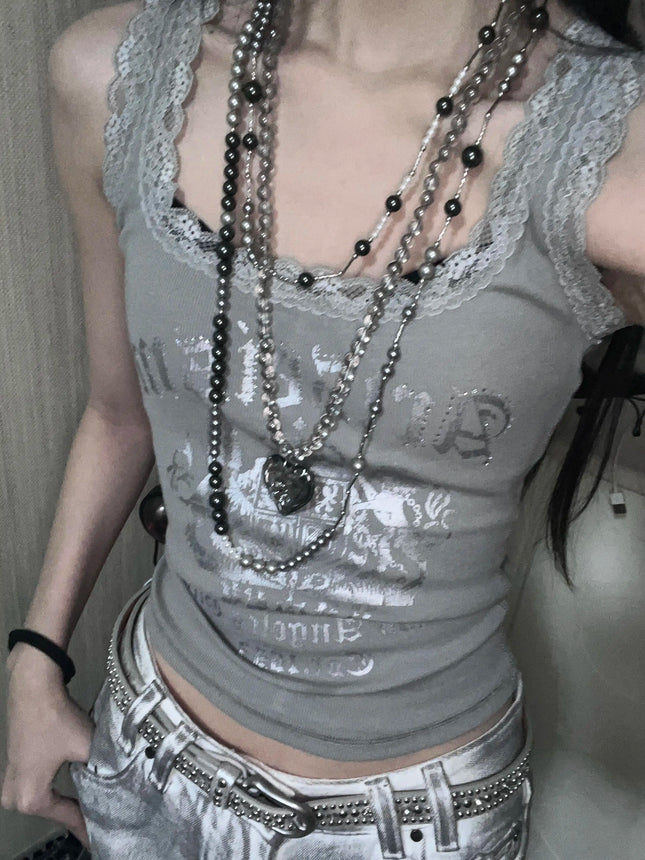 American Lace Trim Splice Letter Print Tank Top Women Summer Slimming Svel Trendy Base Layer Clothing ort Sle