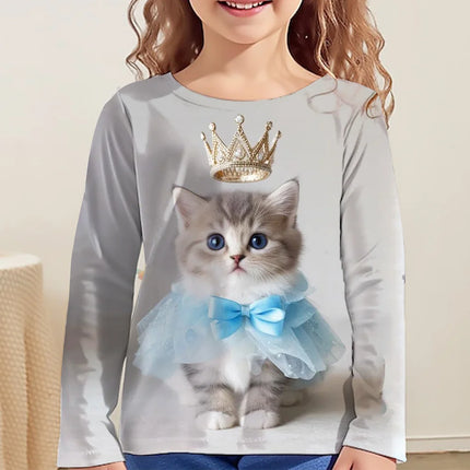 Children's Clothing Girl T-Shirts Top Long Sleeve Children T-Shirt Cute Cat Print Casual Kids Summer Autumn Clothes Girl Clothes
