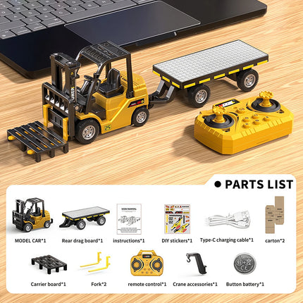 1:64 Bluetooth Remote Control Crane And Forklift two-in-one Desktop Mini Alloy Toy Car With Trailer Christmas Gift In Color Box