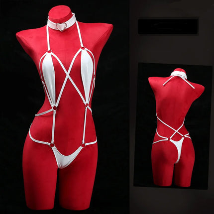 Women Patent Leather Harness Lingerie with Heart Choker Open Back Crotch less Erotic Bodysuit Intimate Club wear for Night Party
